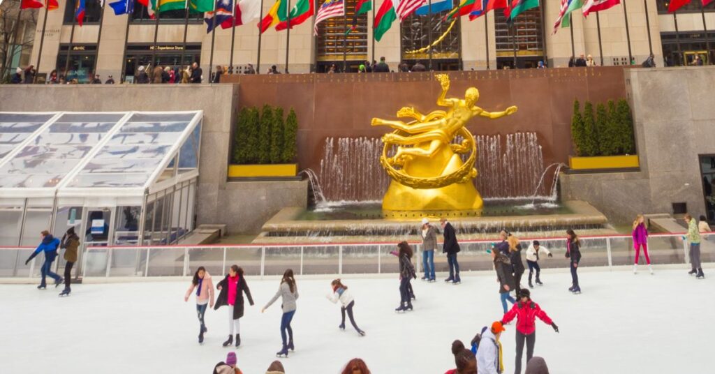 skaters at the rink at Rockefeller Center in NYC