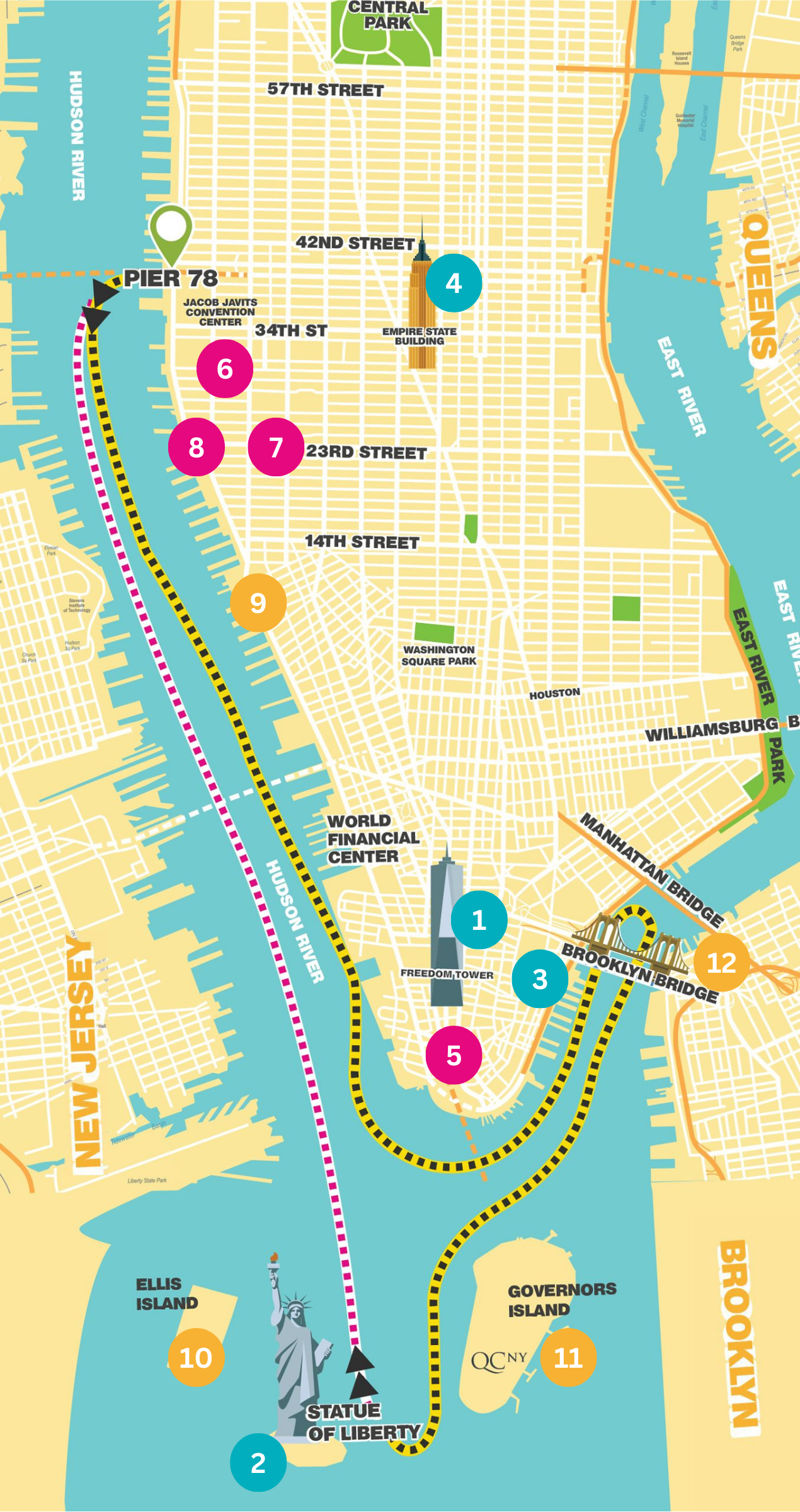 Map of NYC landmarks along the NYC Sunset Cruise offered by Big City Tourism