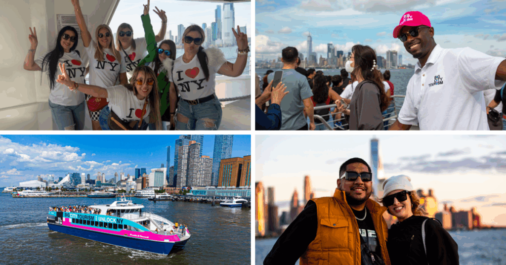 grid of 4photos about the big city tourism nyc cruise including a group photo of women in I love NYC shirts, a BCT guide, an aerial view of the big city tourism boat, and couple at sunset with the city in the background