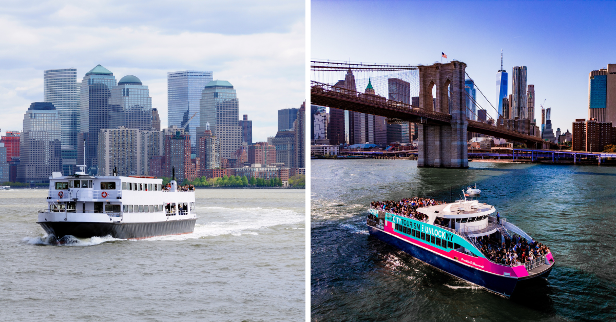 split image with a new york city ferry on the left and a nyc boat tour on the right