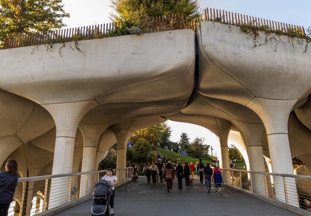 concrete pillars holding up trees with people walking underneath at Little Island NYC